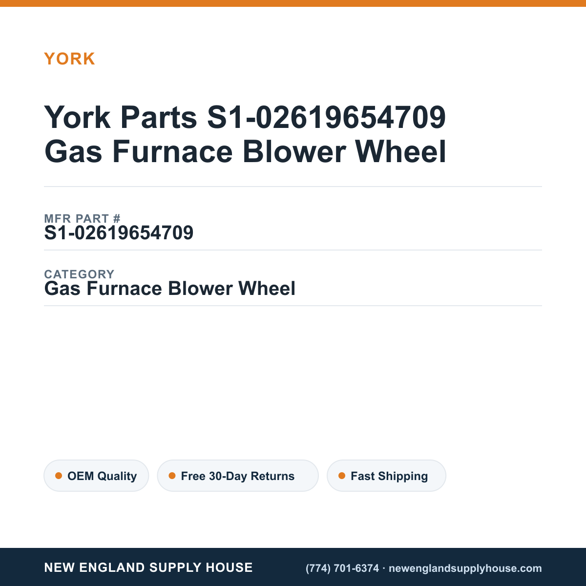York Parts S1-02619654709 Gas Furnace Blower Wheel — New England Supply House spec card [NESH-SPEC-CARD-V2]