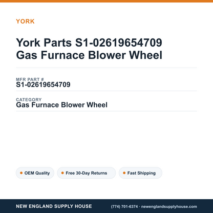 York Parts S1-02619654709 Gas Furnace Blower Wheel — New England Supply House spec card [NESH-SPEC-CARD-V2]