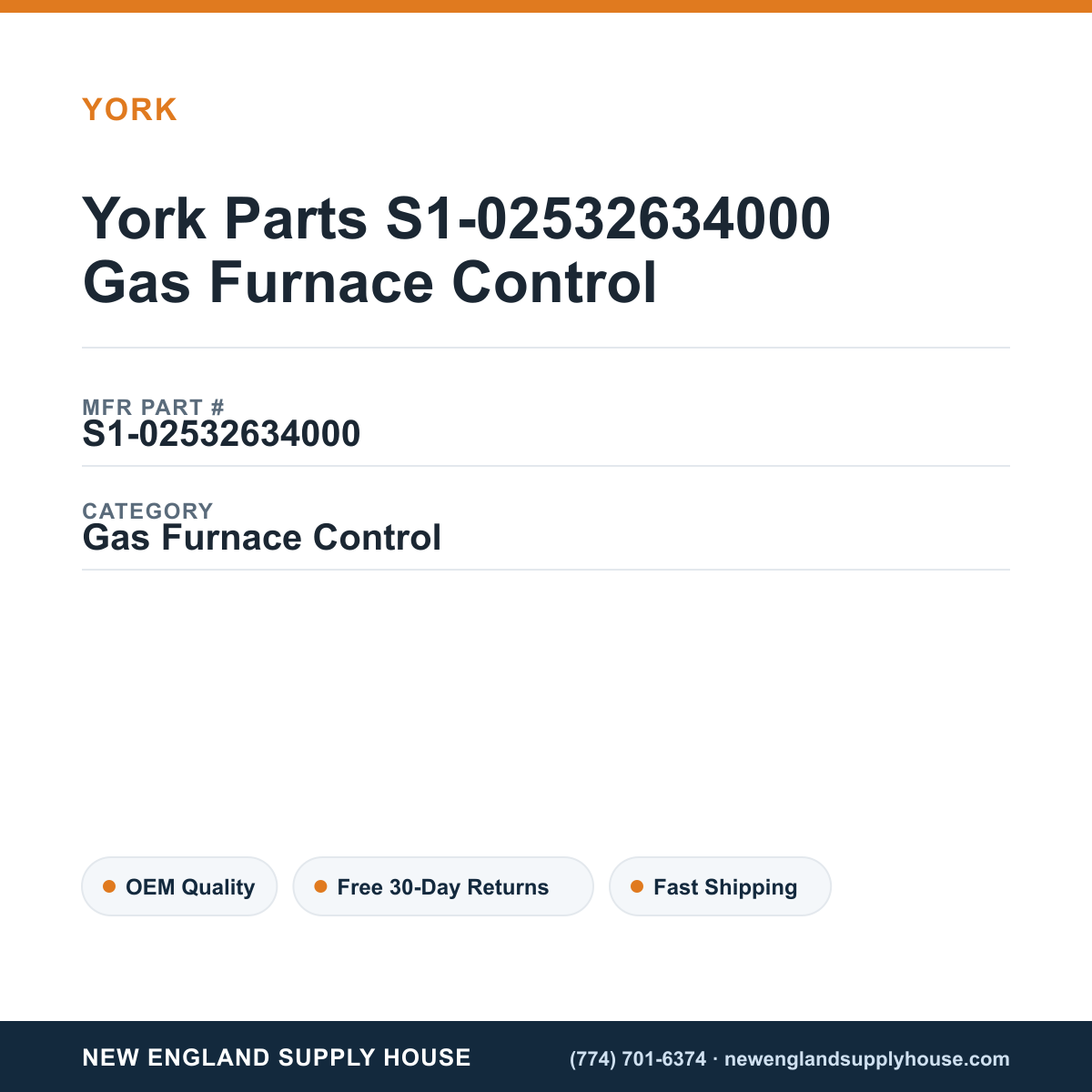 York Parts S1-02532634000 Gas Furnace Control — New England Supply House spec card [NESH-SPEC-CARD-V2]
