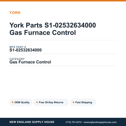 York Parts S1-02532634000 Gas Furnace Control — New England Supply House spec card [NESH-SPEC-CARD-V2]