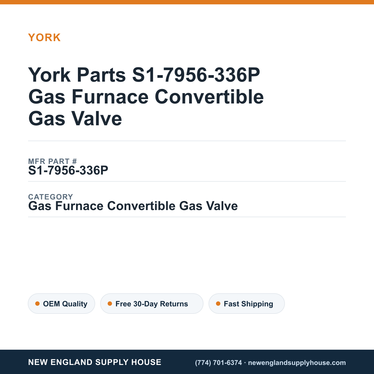 York Parts S1-7956-336P Gas Furnace Convertible Gas Valve — New England Supply House spec card [NESH-SPEC-CARD-V2]