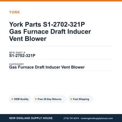 York Parts S1-2702-321P Gas Furnace Draft Inducer Vent Blower — New England Supply House spec card [NESH-SPEC-CARD-V2]