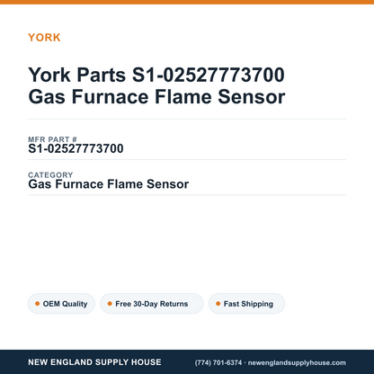 York Parts S1-02527773700 Gas Furnace Flame Sensor — New England Supply House spec card [NESH-SPEC-CARD-V2]