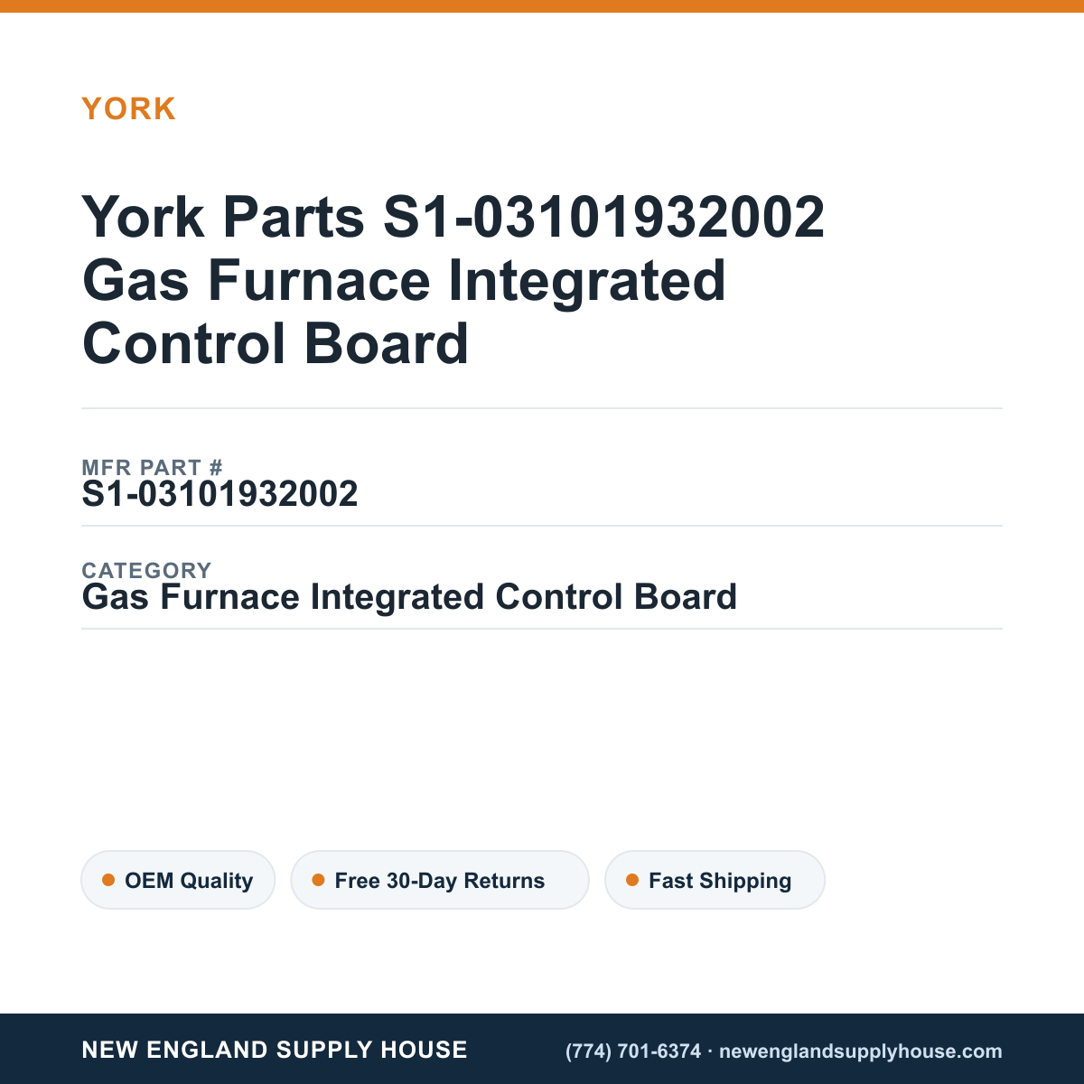 York Parts S1-03101932002 Gas Furnace Integrated Control Board — New England Supply House spec card [NESH-SPEC-CARD-V2]
