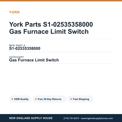 York Parts S1-02535358000 Gas Furnace Limit Switch — New England Supply House spec card [NESH-SPEC-CARD-V2]