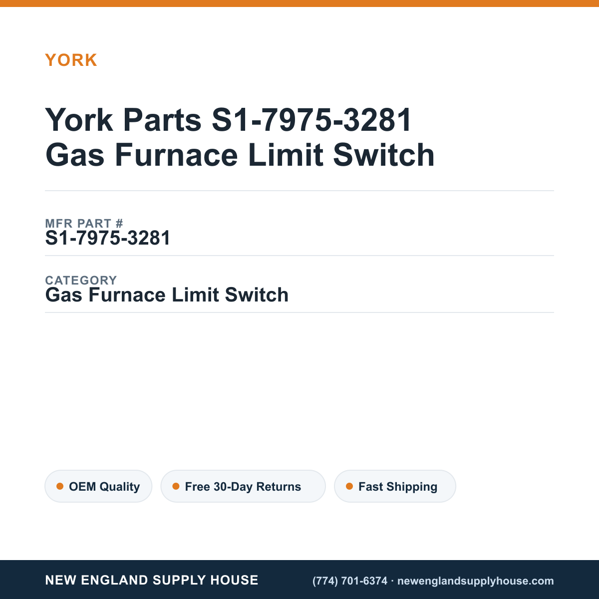 York Parts S1-7975-3281 Gas Furnace Limit Switch — New England Supply House spec card [NESH-SPEC-CARD-V2]