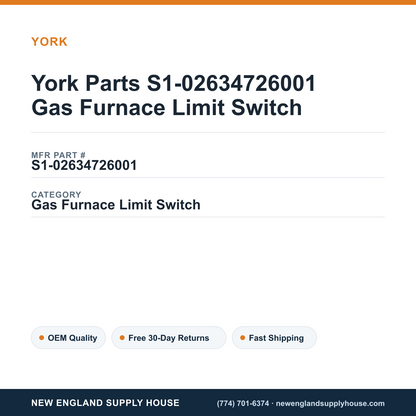 York Parts S1-02634726001 Gas Furnace Limit Switch — New England Supply House spec card [NESH-SPEC-CARD-V2]