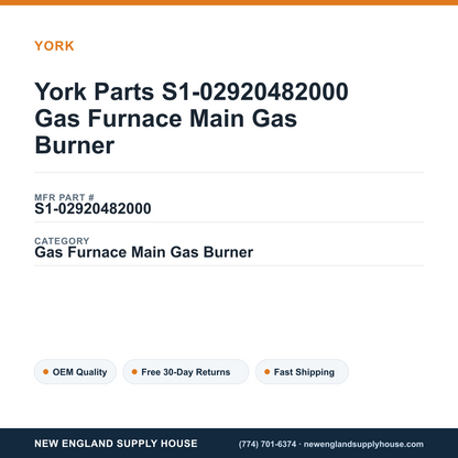 York Parts S1-02920482000 Gas Furnace Main Gas Burner — New England Supply House spec card [NESH-SPEC-CARD-V2]