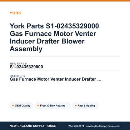 York Parts S1-02435329000 Gas Furnace Motor Venter Inducer Drafter Blower Assembly — New England Supply House spec card [NESH-SPEC-CARD-V2]
