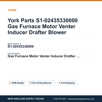 York Parts S1-02435330000 Gas Furnace Motor Venter Inducer Drafter Blower — New England Supply House spec card [NESH-SPEC-CARD-V2]