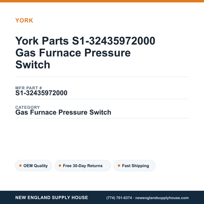 York Parts S1-32435972000 Gas Furnace Pressure Switch — New England Supply House spec card [NESH-SPEC-CARD-V2]