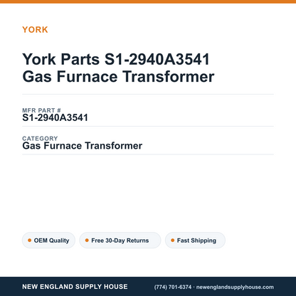 York Parts S1-2940A3541 Gas Furnace Transformer — New England Supply House spec card [NESH-SPEC-CARD-V2]