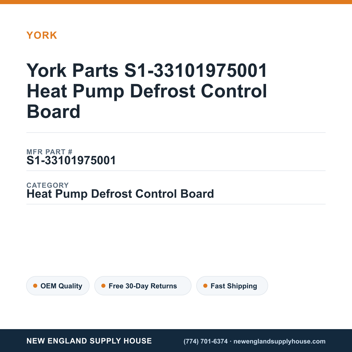 York Parts S1-33101975001 Heat Pump Defrost Control Board — New England Supply House spec card [NESH-SPEC-CARD-V2]
