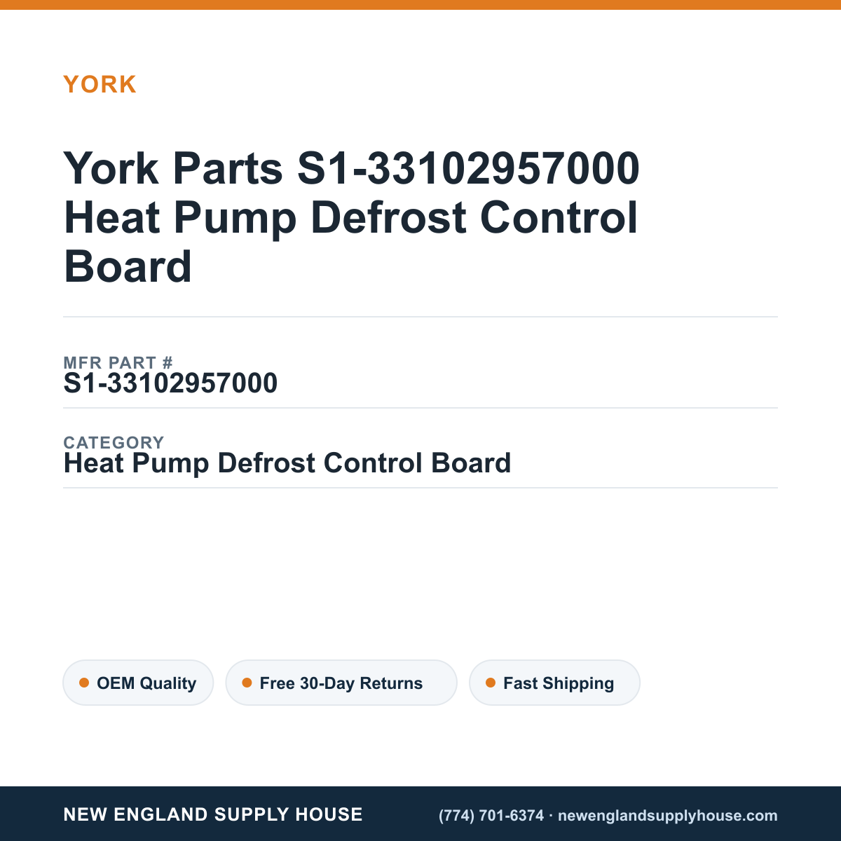 York Parts S1-33102957000 Heat Pump Defrost Control Board — New England Supply House spec card [NESH-SPEC-CARD-V2]