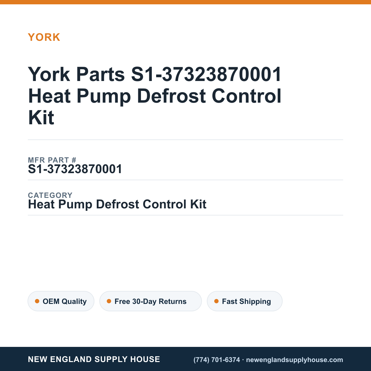 York Parts S1-37323870001 Heat Pump Defrost Control Kit — New England Supply House spec card [NESH-SPEC-CARD-V2]