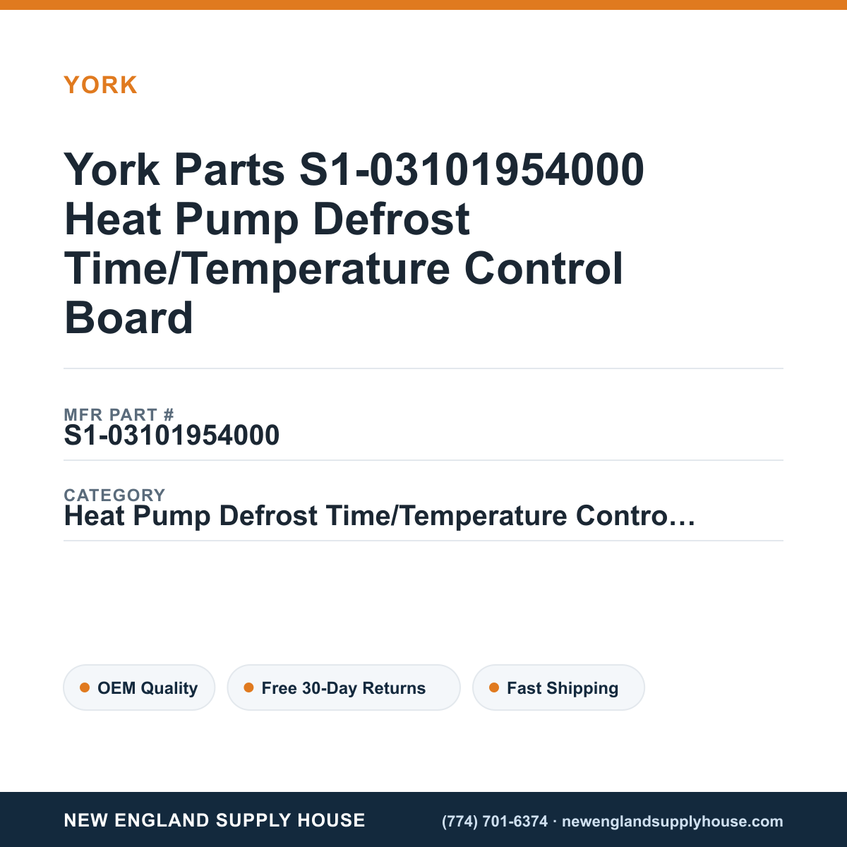 York Parts S1-03101954000 Heat Pump Defrost Time/Temperature Control Board — New England Supply House spec card [NESH-SPEC-CARD-V2]