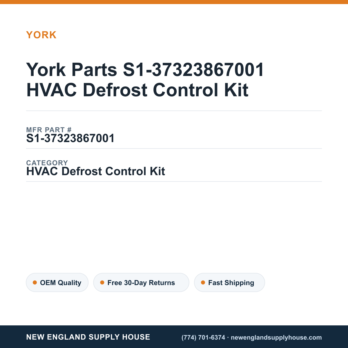 York Parts S1-37323867001 HVAC Defrost Control Kit — New England Supply House spec card [NESH-SPEC-CARD-V2]