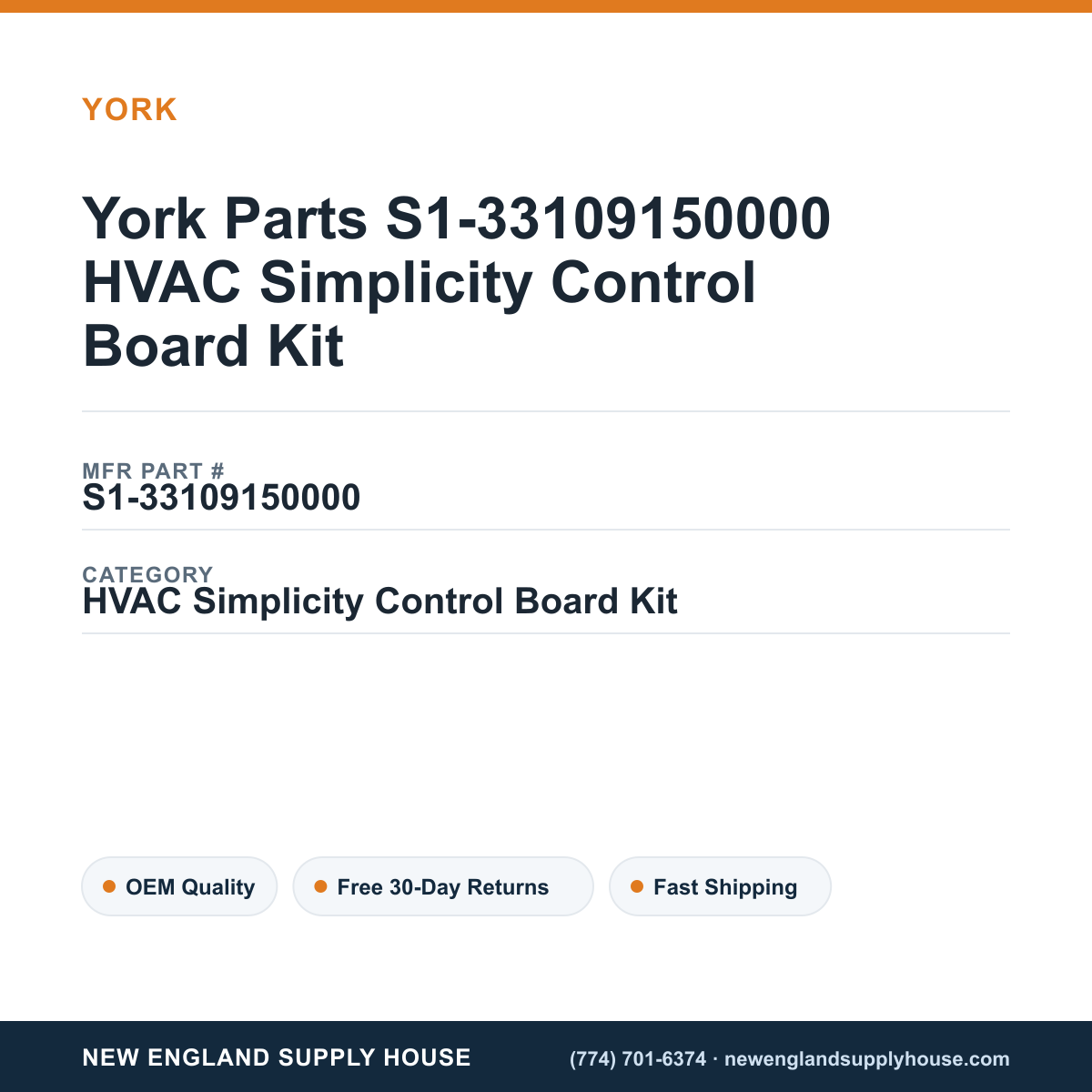 York Parts S1-33109150000 HVAC Simplicity Control Board Kit — New England Supply House spec card [NESH-SPEC-CARD-V2]