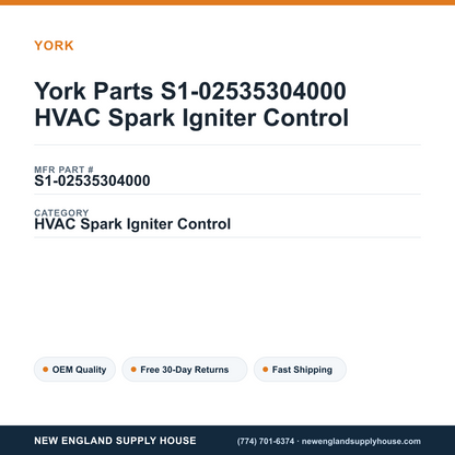York Parts S1-02535304000 HVAC Spark Igniter Control — New England Supply House spec card [NESH-SPEC-CARD-V2]