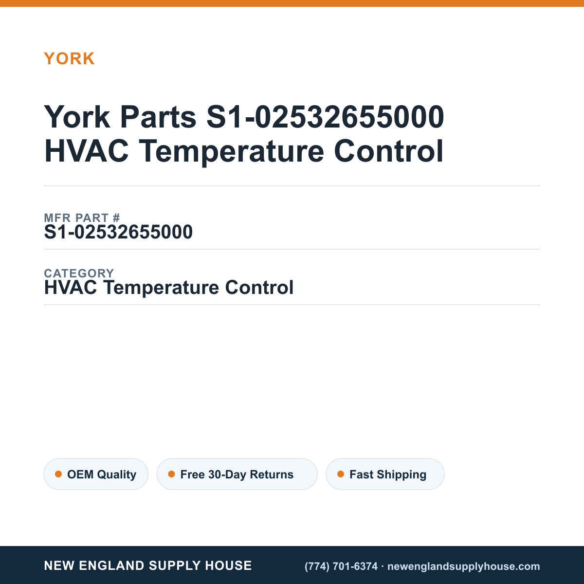 York Parts S1-02532655000 HVAC Temperature Control — New England Supply House spec card [NESH-SPEC-CARD-V2]