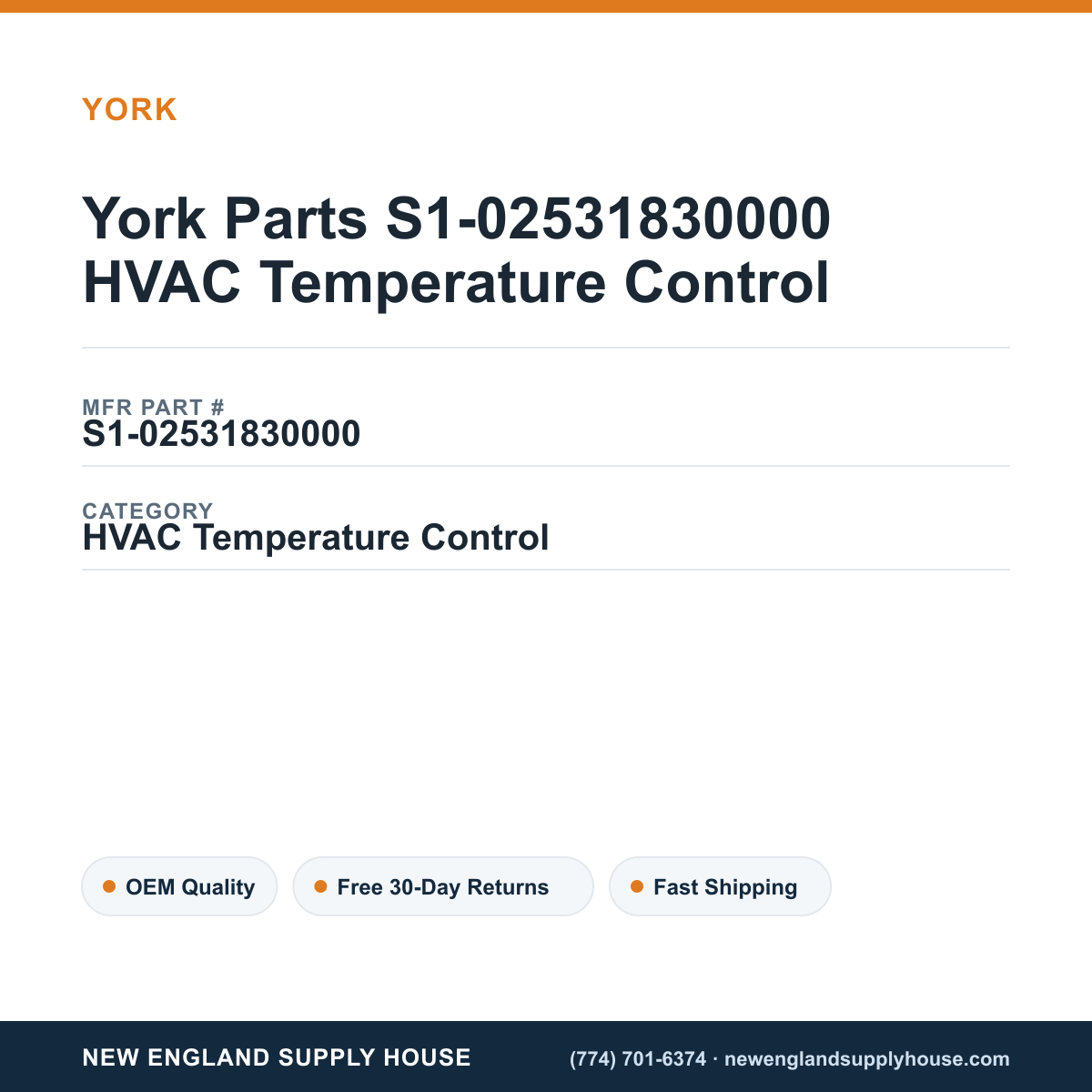 York Parts S1-02531830000 HVAC Temperature Control — New England Supply House spec card [NESH-SPEC-CARD-V2]