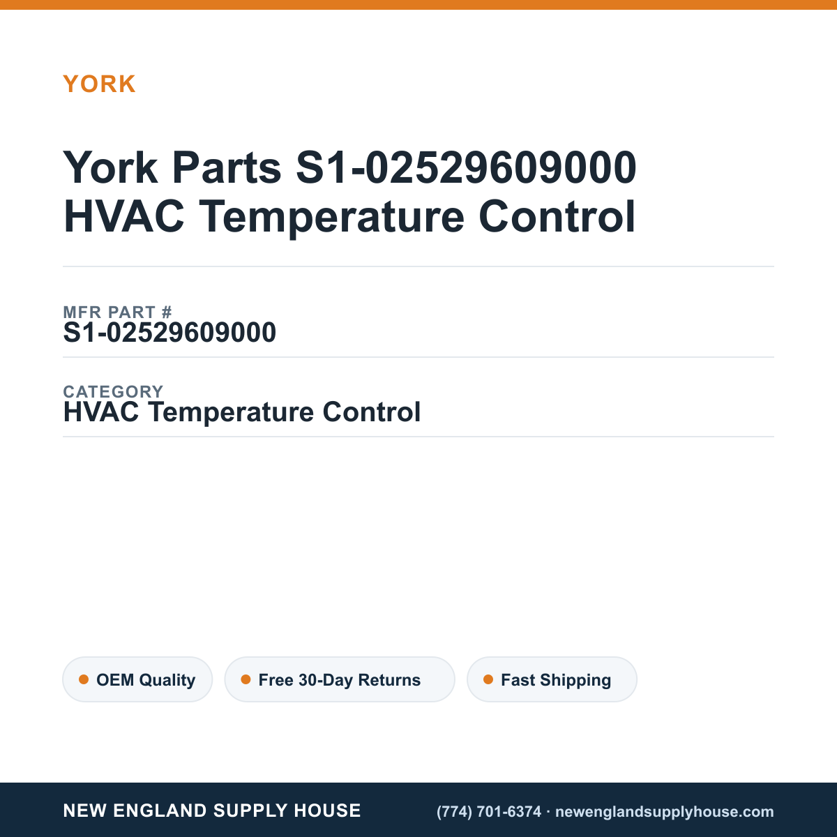 York Parts S1-02529609000 HVAC Temperature Control — New England Supply House spec card [NESH-SPEC-CARD-V2]