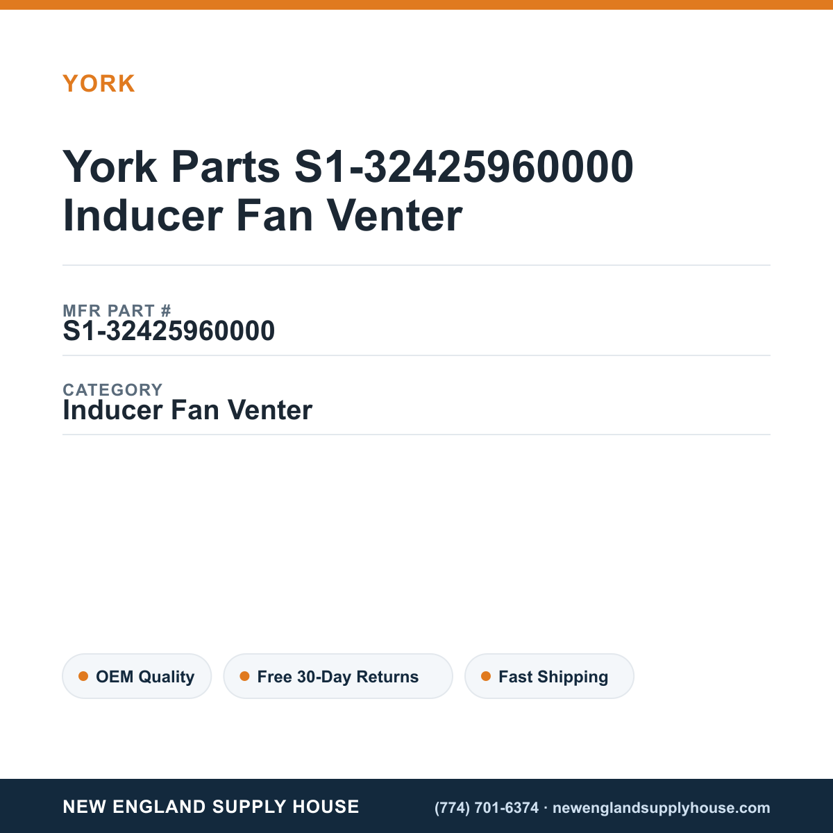 York Parts S1-32425960000 Inducer Fan Venter — New England Supply House spec card [NESH-SPEC-CARD-V2]