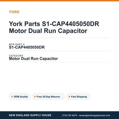 York Parts S1-CAP4405050DR Motor Dual Run Capacitor — New England Supply House spec card [NESH-SPEC-CARD-V2]