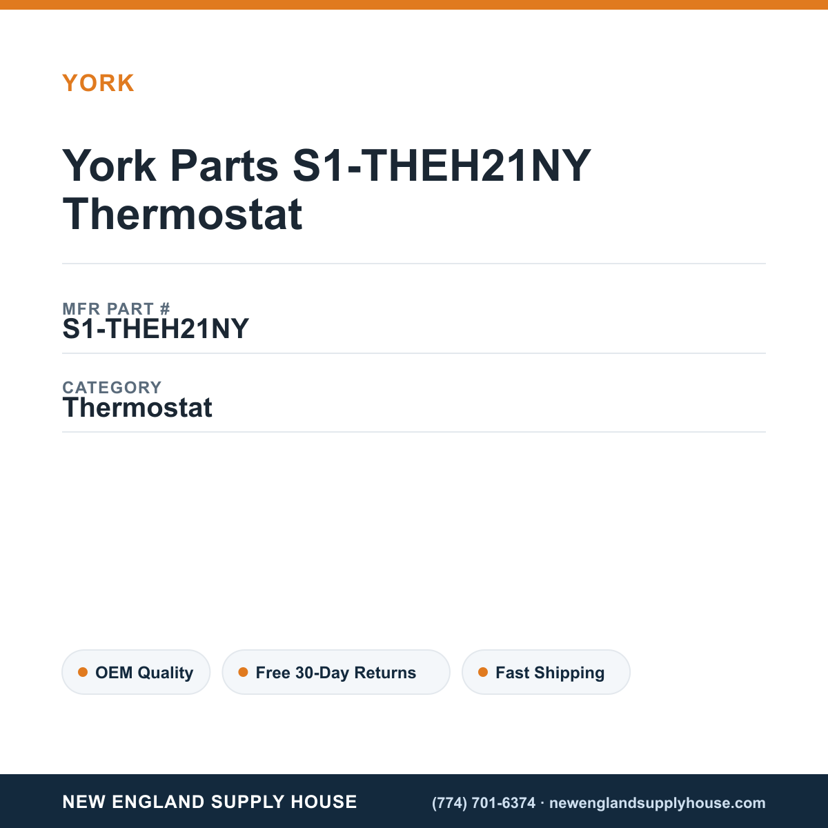 York Parts S1-THEH21NY Thermostat — New England Supply House spec card [NESH-SPEC-CARD-V2]