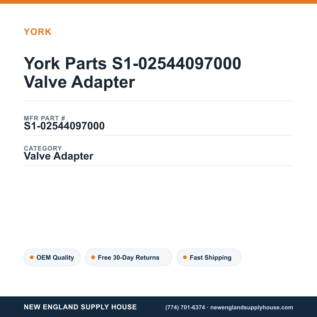 York Parts S1-02544097000 Valve Adapter — New England Supply House spec card [NESH-SPEC-CARD-V2]