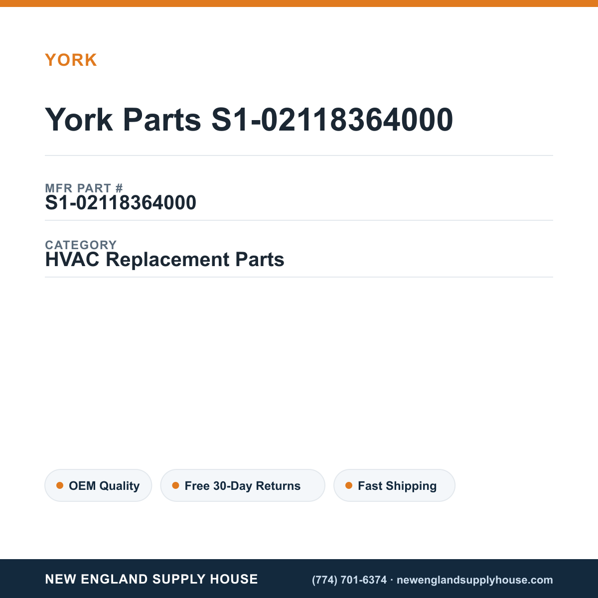 York Parts S1-02118364000 — New England Supply House spec card [NESH-SPEC-CARD-V2]