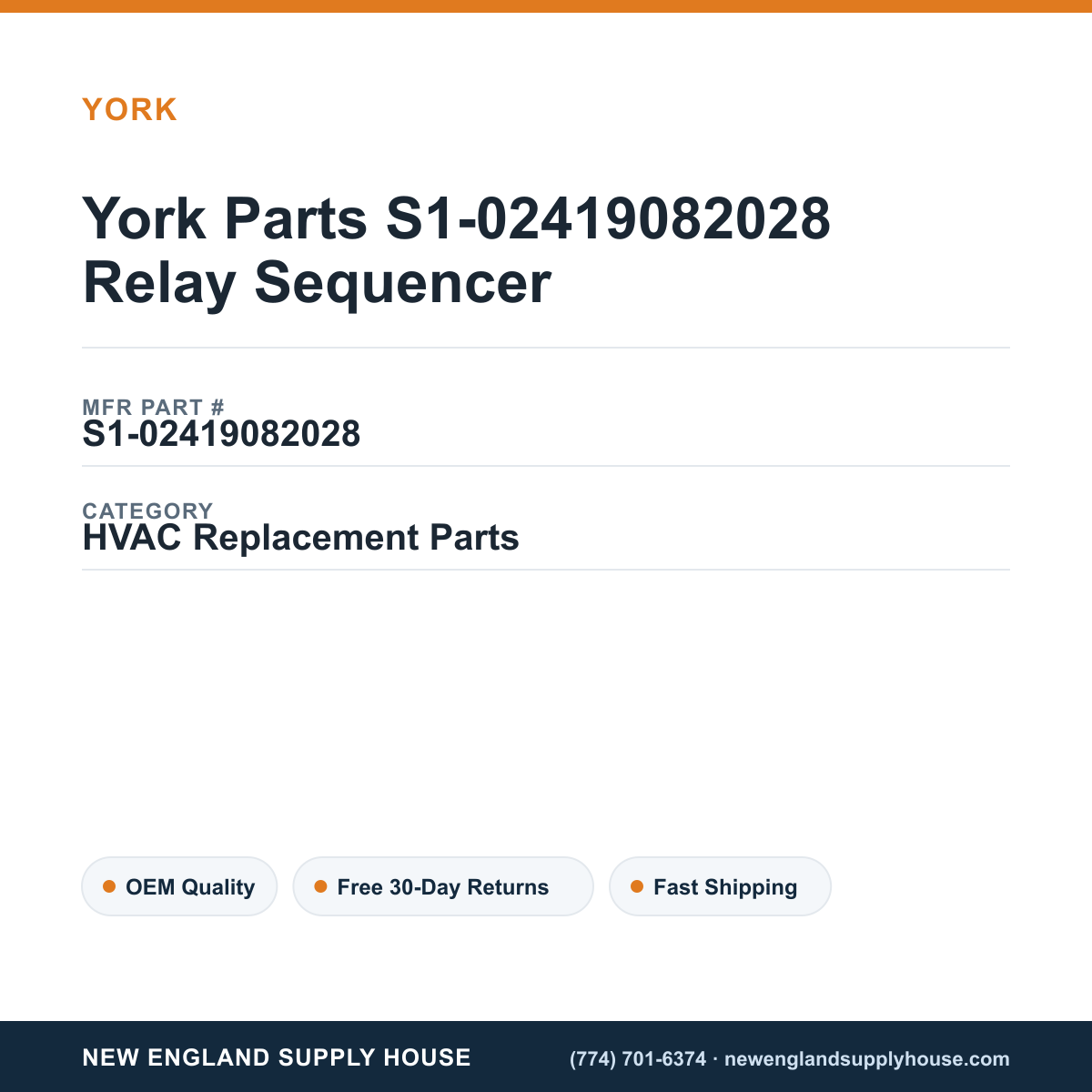 York Parts S1-02419082028 Relay Sequencer — New England Supply House spec card [NESH-SPEC-CARD-V2]