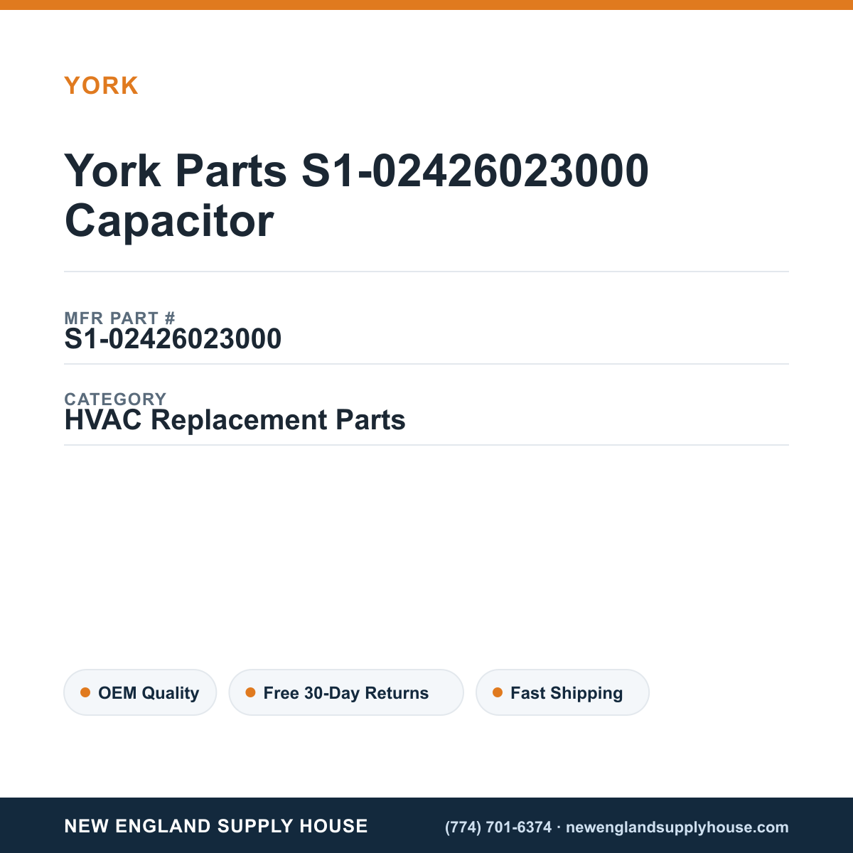 York Parts S1-02426023000 Capacitor — New England Supply House spec card [NESH-SPEC-CARD-V2]