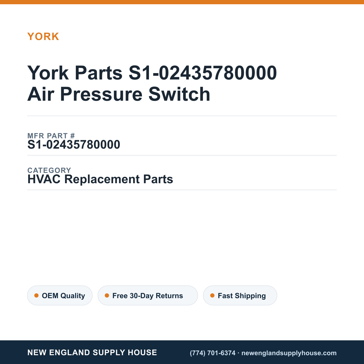 York Parts S1-02435780000 Air Pressure Switch — New England Supply House spec card [NESH-SPEC-CARD-V2]