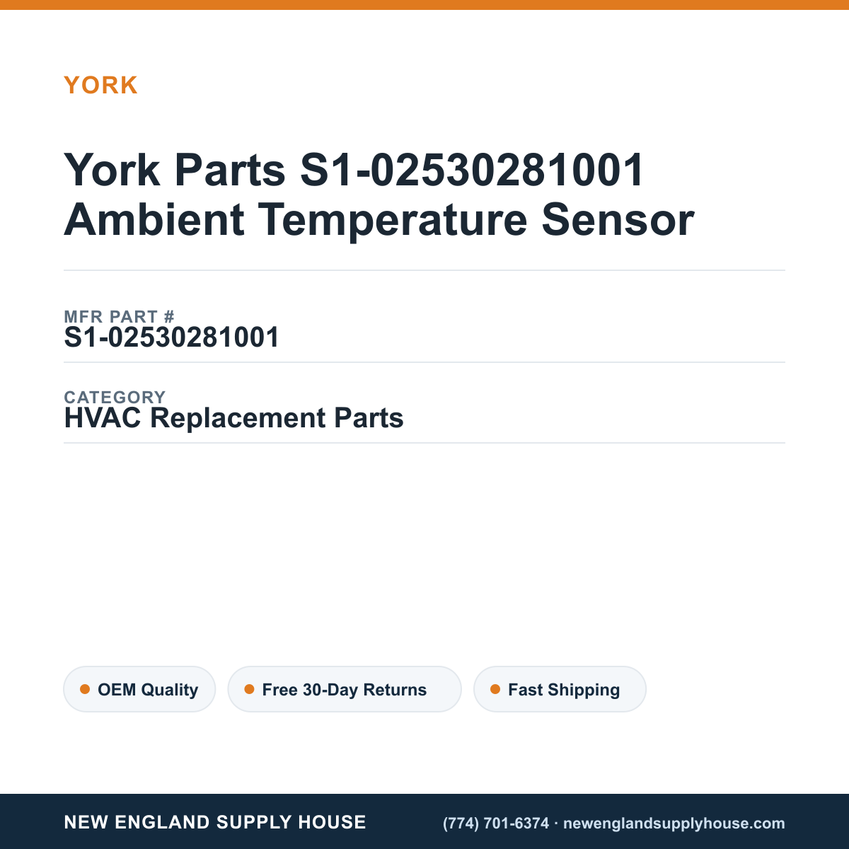 York Parts S1-02530281001 Ambient Temperature Sensor — New England Supply House spec card [NESH-SPEC-CARD-V2]