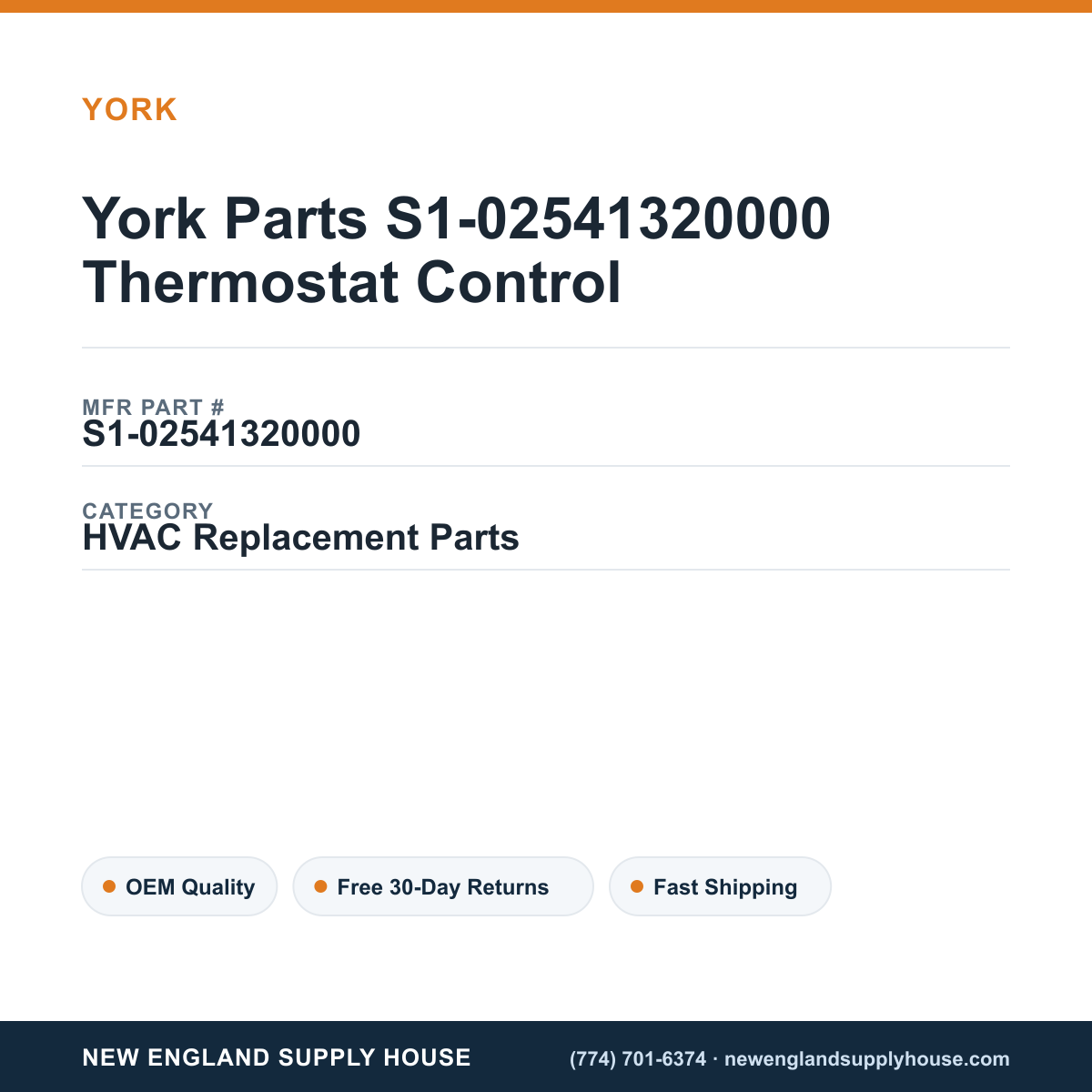 York Parts S1-02541320000 Thermostat Control — New England Supply House spec card [NESH-SPEC-CARD-V2]
