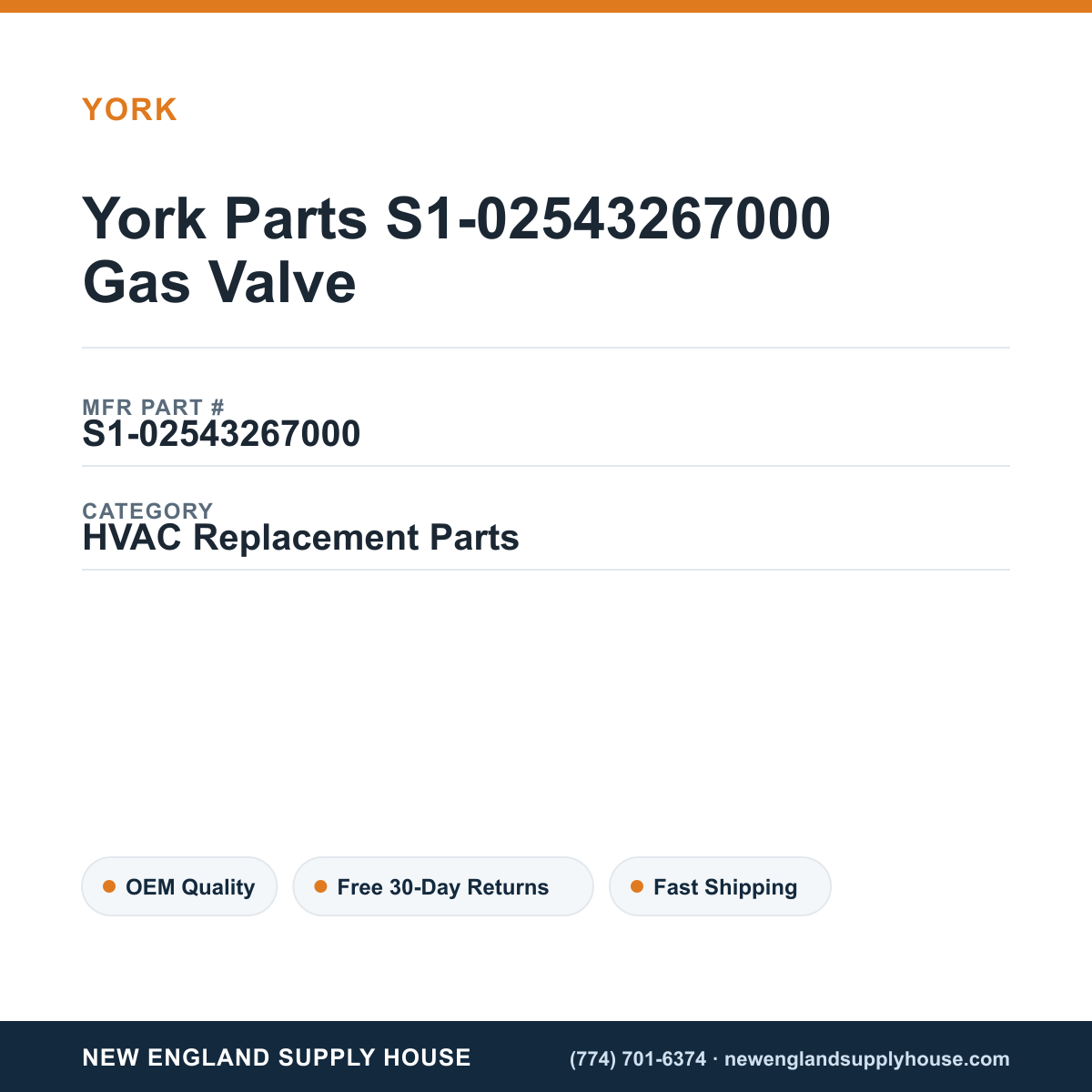 York Parts S1-02543267000 Gas Valve — New England Supply House spec card [NESH-SPEC-CARD-V2]