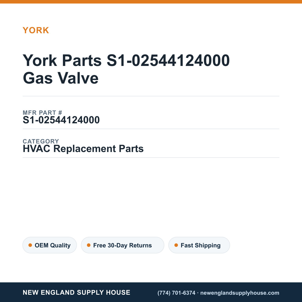 York Parts S1-02544124000 Gas Valve — New England Supply House spec card [NESH-SPEC-CARD-V2]