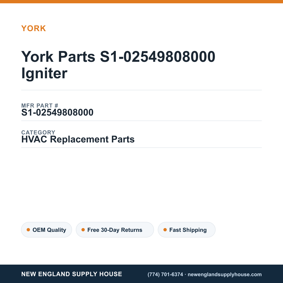 York Parts S1-02549808000 Igniter — New England Supply House spec card [NESH-SPEC-CARD-V2]