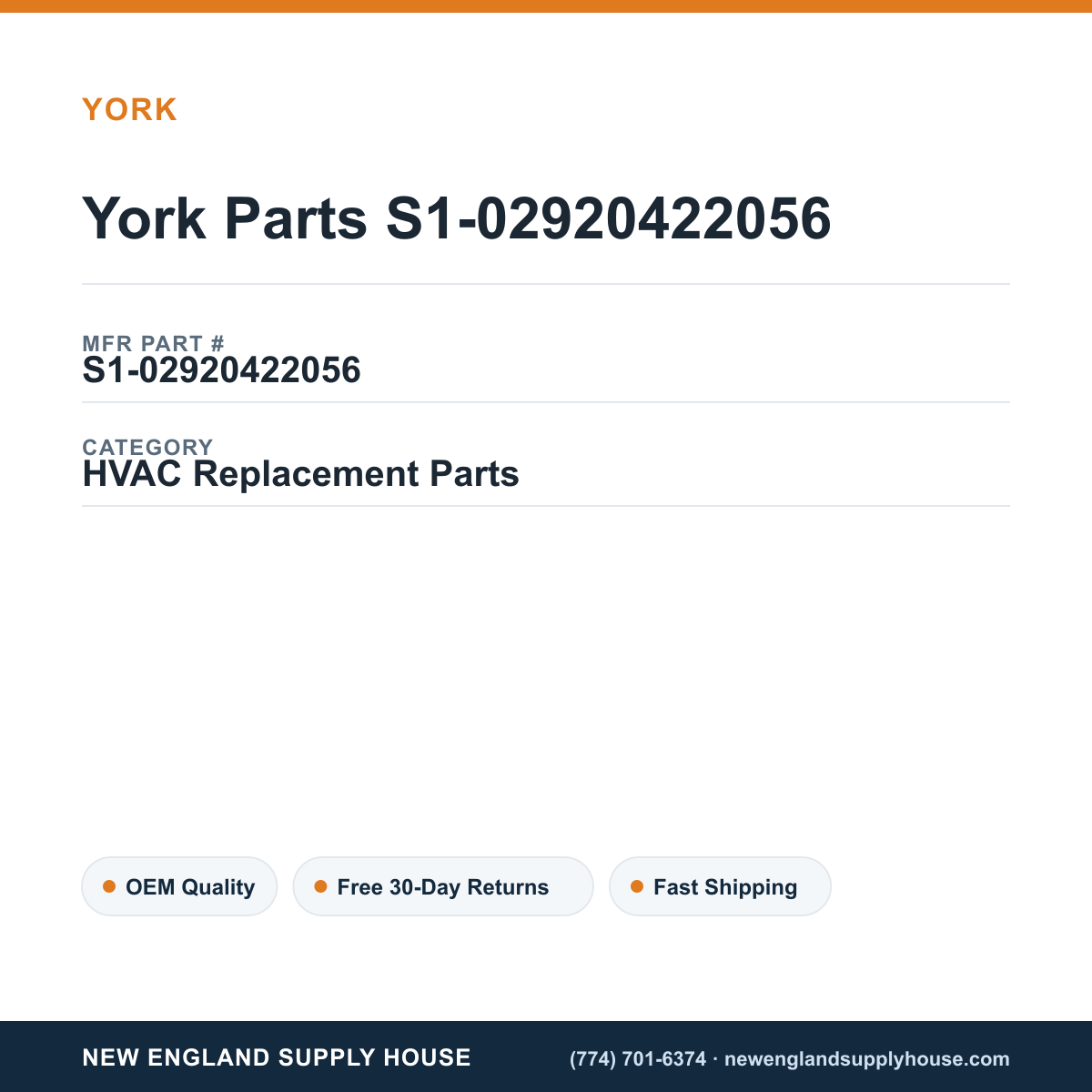 York Parts S1-02920422056 — New England Supply House spec card [NESH-SPEC-CARD-V2]