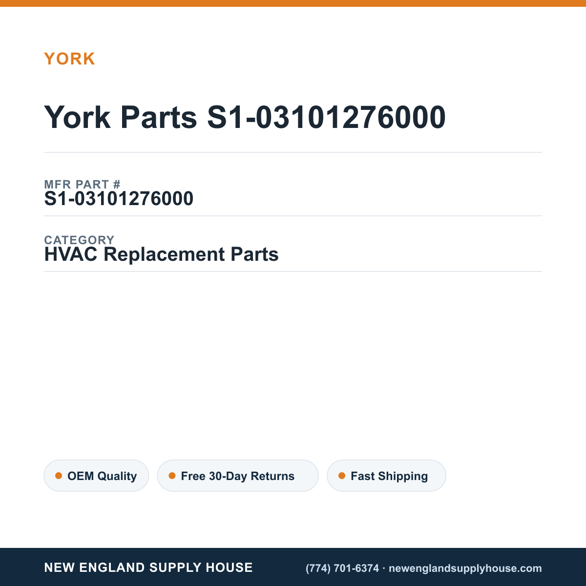 York Parts S1-03101276000 — New England Supply House spec card [NESH-SPEC-CARD-V2]