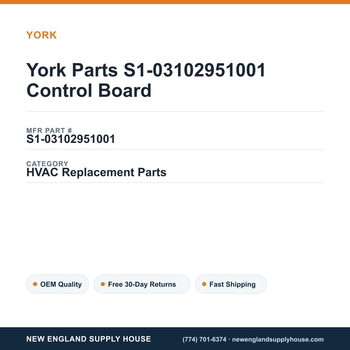 York Parts S1-03102951001 Control Board — New England Supply House spec card [NESH-SPEC-CARD-V2]