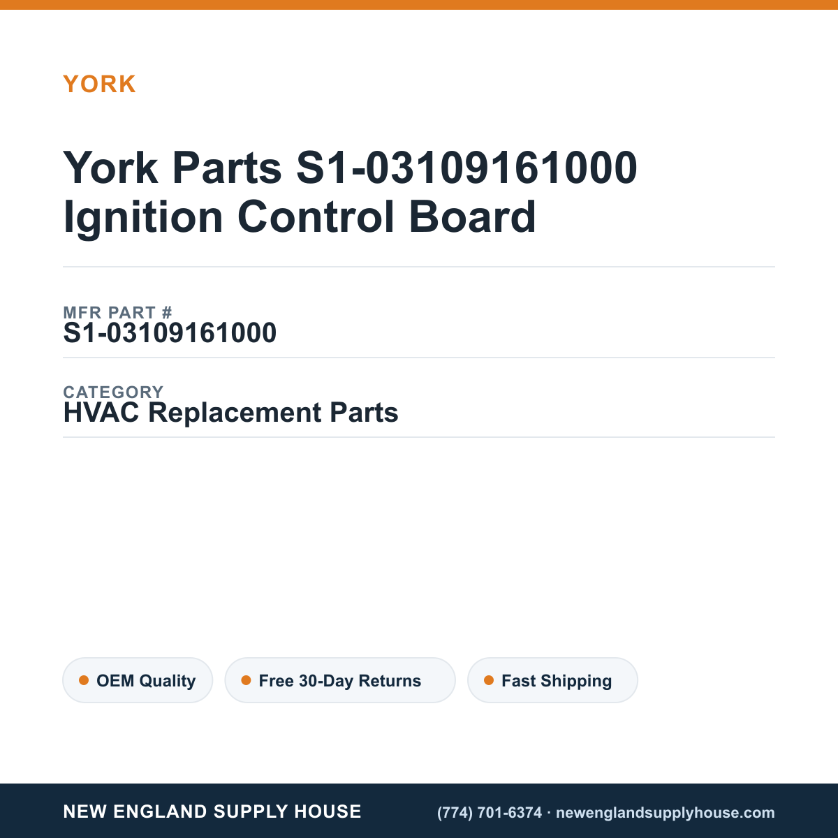 York Parts S1-03109161000 Ignition Control Board — New England Supply House spec card [NESH-SPEC-CARD-V2]