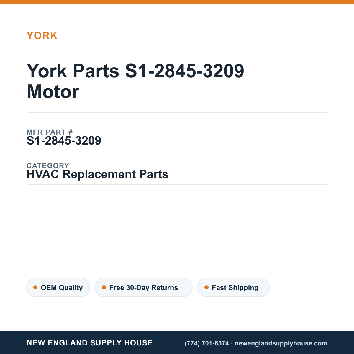 York Parts S1-2845-3209 Motor — New England Supply House spec card [NESH-SPEC-CARD-V2]