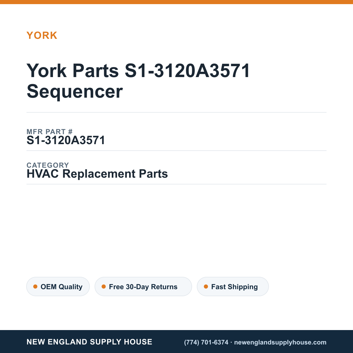 York Parts S1-3120A3571 Sequencer — New England Supply House spec card [NESH-SPEC-CARD-V2]