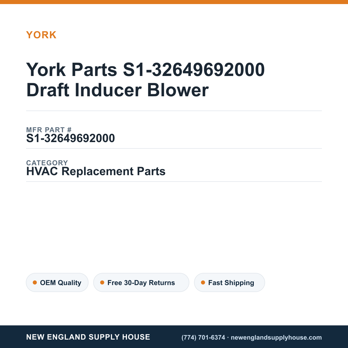 York Parts S1-32649692000 Draft Inducer Blower — New England Supply House spec card [NESH-SPEC-CARD-V2]