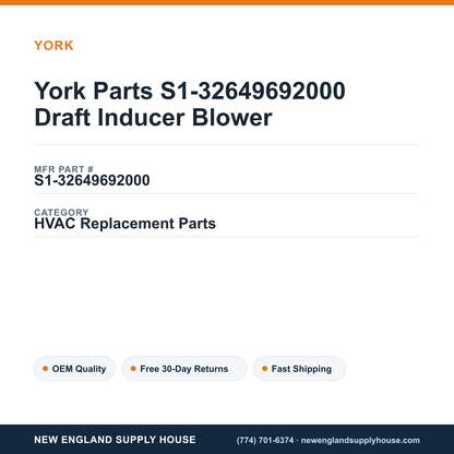 York Parts S1-32649692000 Draft Inducer Blower — New England Supply House spec card [NESH-SPEC-CARD-V2]