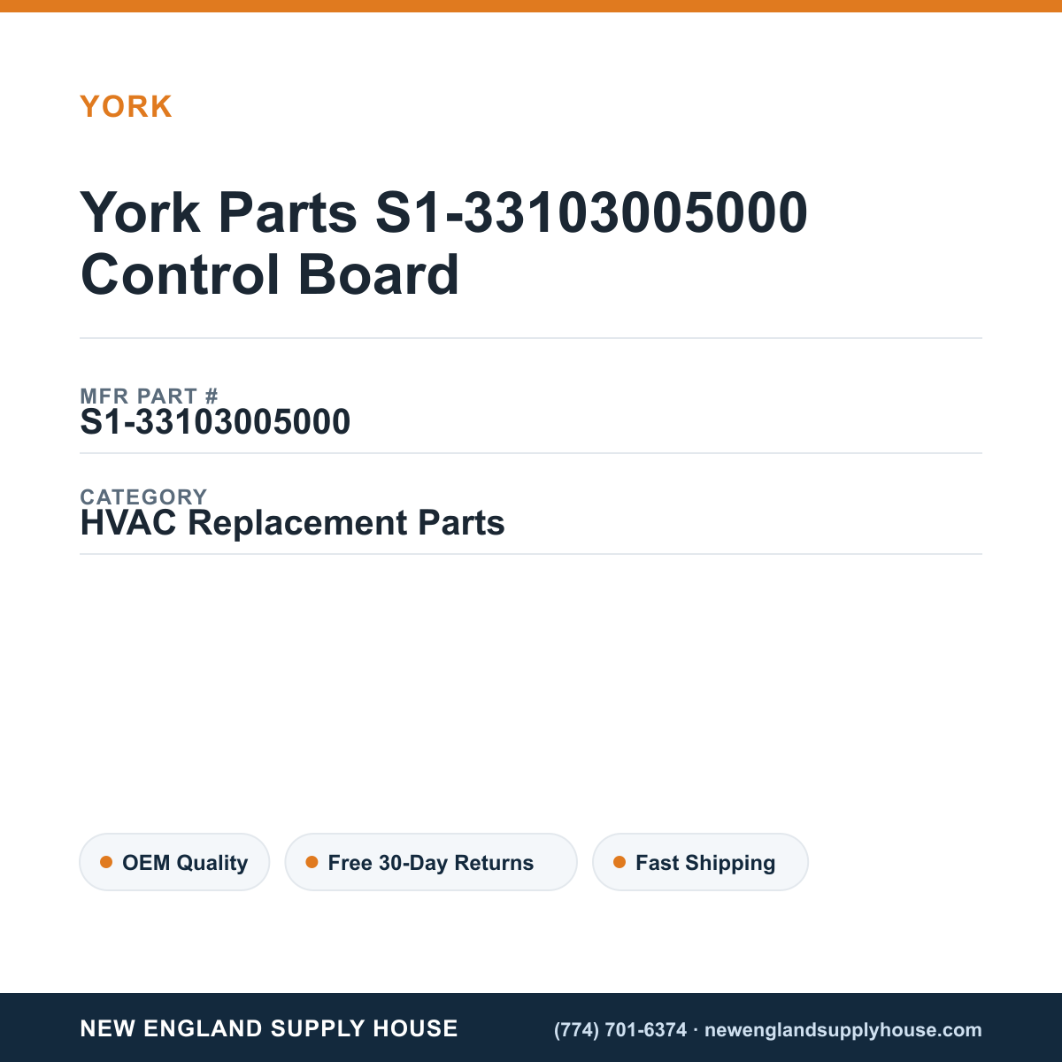 York Parts S1-33103005000 Control Board — New England Supply House spec card [NESH-SPEC-CARD-V2]