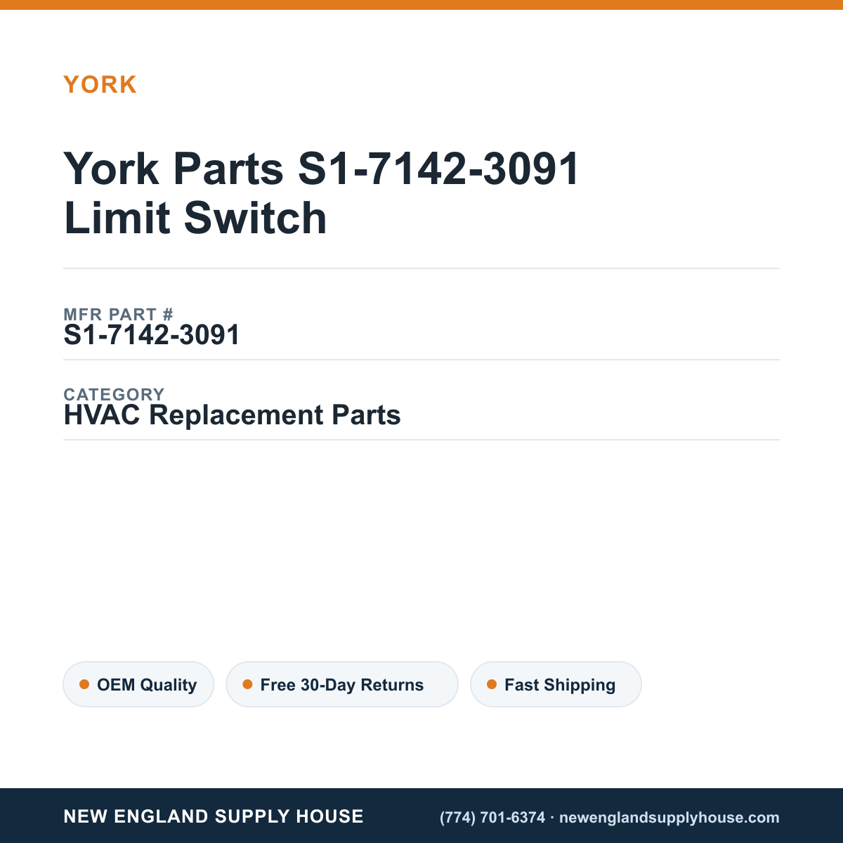 York Parts S1-7142-3091 Limit Switch — New England Supply House spec card [NESH-SPEC-CARD-V2]