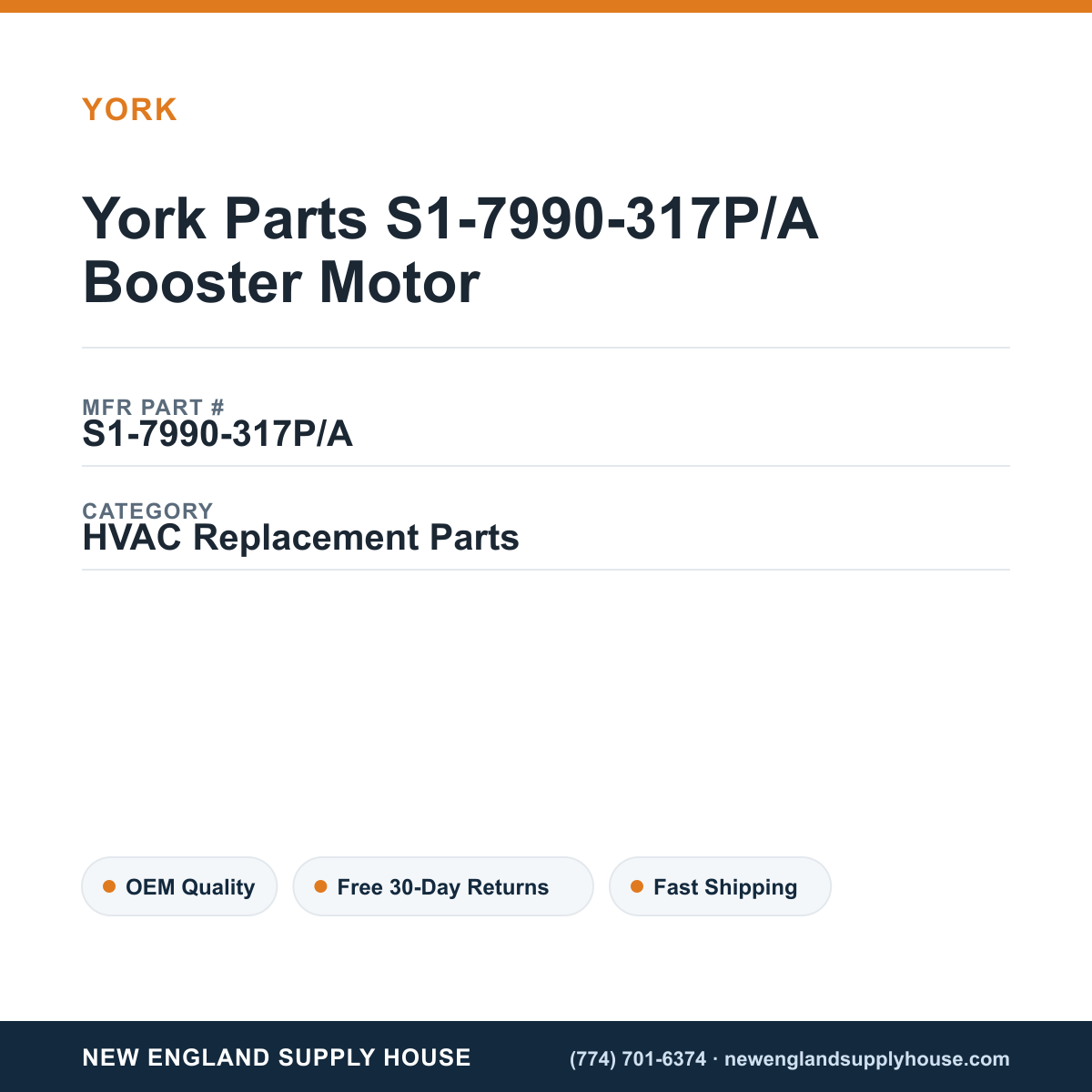York Parts S1-7990-317P/A Booster Motor — New England Supply House spec card [NESH-SPEC-CARD-V2]